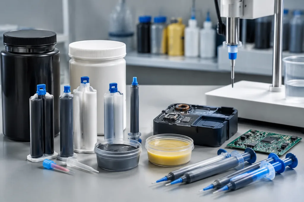 Realistic industrial laboratory scene featuring custom potting adhesive formulation materials and testing equipment arranged on a clean technical workbench for electronic protection applications.