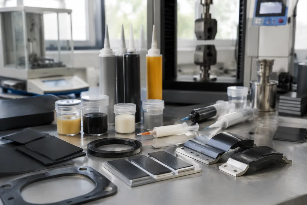 Rubber Adhesive 9 A clean technical workbench in a professional industrial lab displaying custom rubber adhesive samples, cartridges, syringes, rubber sheets, gasket samples, and rubber-to-metal bonded test pieces for formulation development and testing.