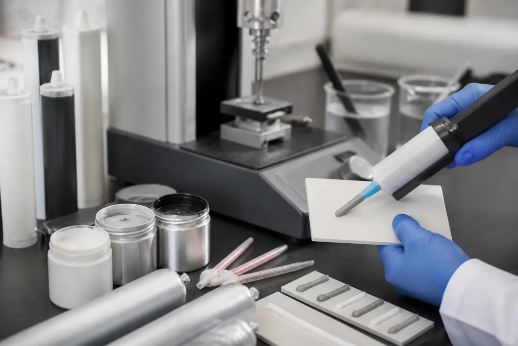 Sealing Adhesive 9 A realistic industrial laboratory scene showing custom sealing adhesive formulation development with adhesive samples, cartridges, syringes, sealant containers, and testing tools on a clean technical workbench.