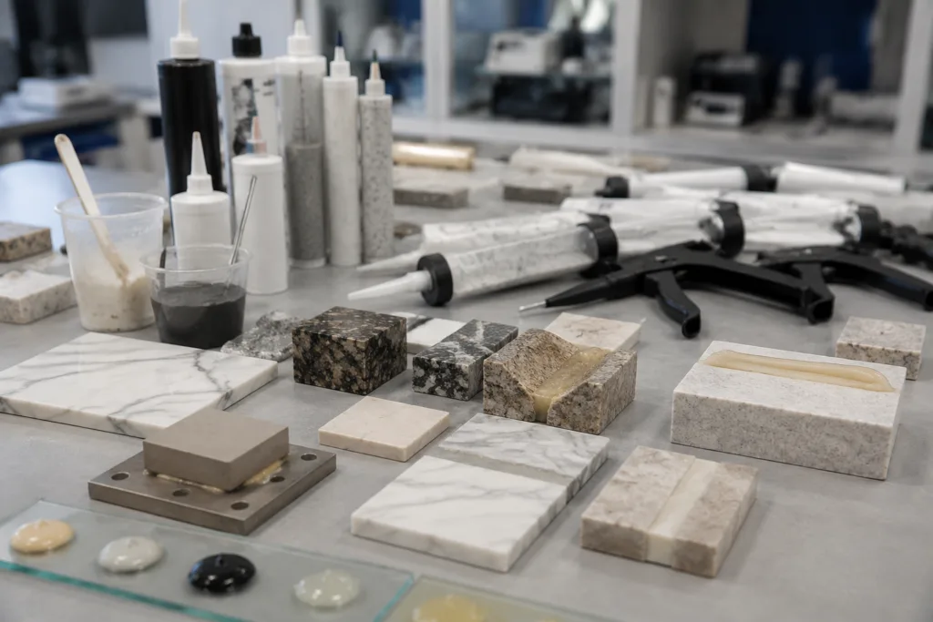 Stone Adhesive 9 Professional industrial scene of custom stone adhesive formulation development on a clean laboratory workbench with realistic materials and testing samples.