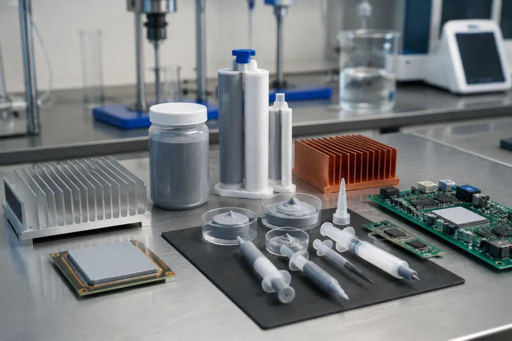 Thermally Conductive Adhesive 9 A realistic technical scene showing custom thermal adhesive formulation development on a clean industrial workbench with sample cartridges, syringes, heat sink parts, PCB samples, and lab testing tools.