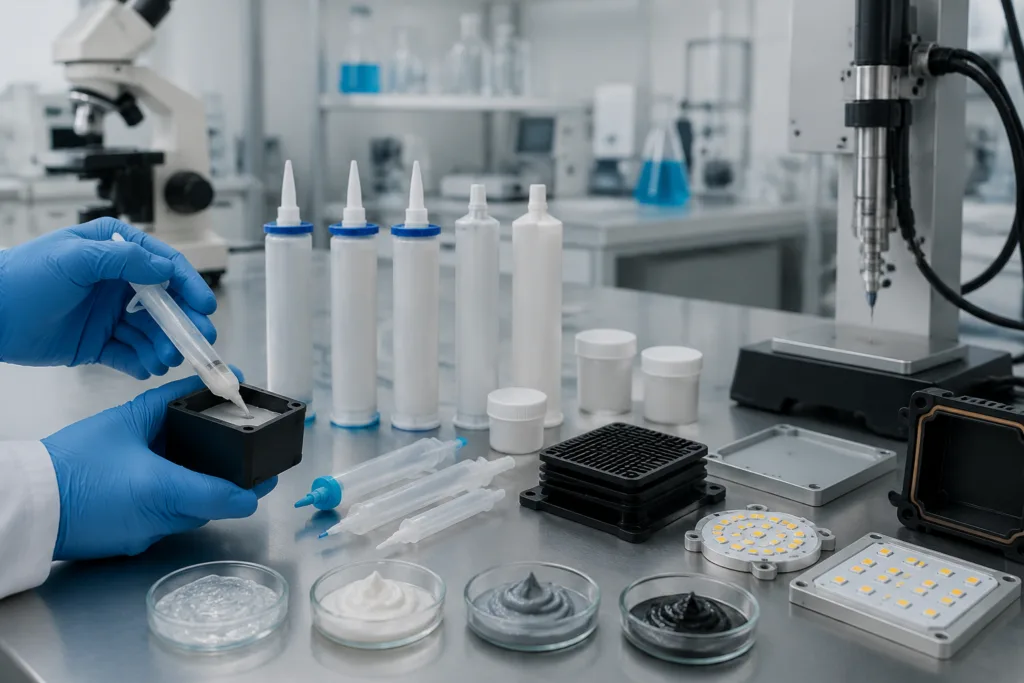 Waterproofing Adhesive 9 A realistic technical workbench scene for customized waterproof adhesive formulation development, featuring industrial samples, sealant cartridges, resin containers, syringes, electronic housings, LED modules, and lab testing tools in a clean professional setting.