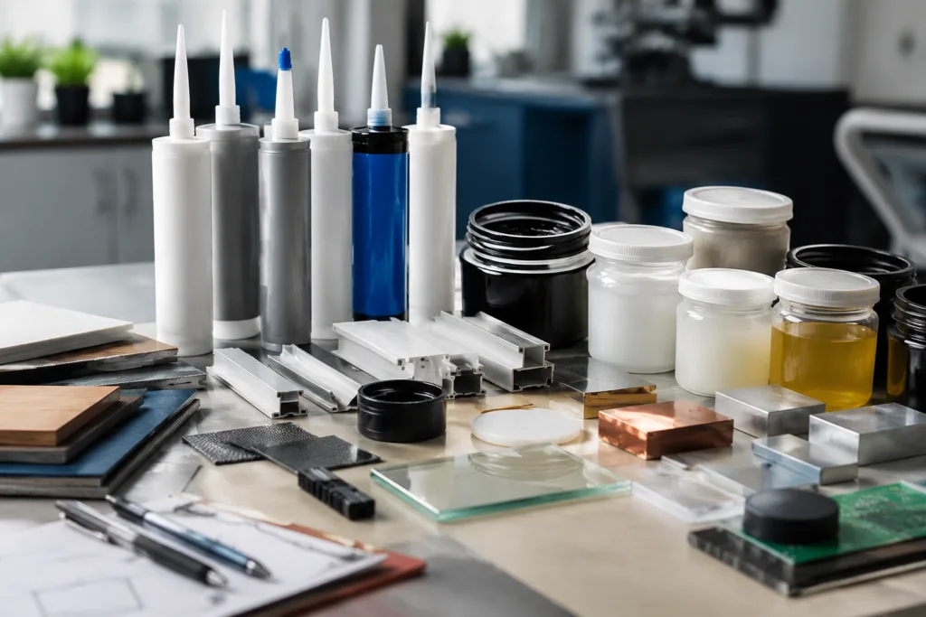 Adhesive Selection & Technical Support 4 Professional industrial scene showing a customer adhesive selection challenge with various bonded materials and open adhesive options on a technical desk, emphasizing uncertainty among different industrial adhesive applications.