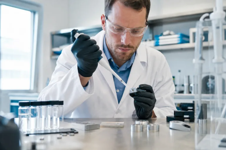 A modern adhesive manufacturing lab scene showing formulation and sample evaluation for mixed-material bonding.