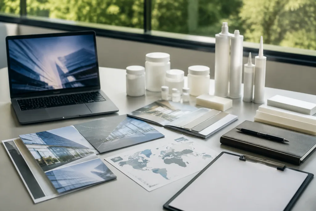 Become a ZDS Adhesive Distributor 8 Clean industrial corporate photography of a distributor application workspace with organized documents, product materials, adhesive samples, and a laptop silhouette, conveying partnership planning without readable text.