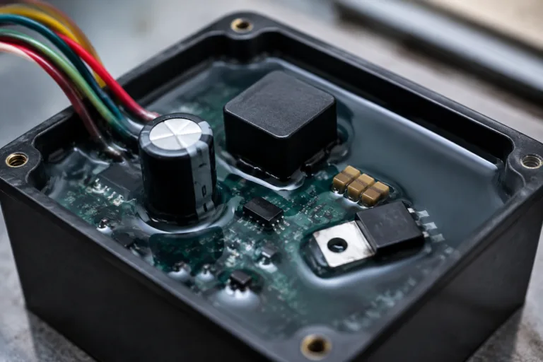 A realistic close-up of electronic components and a circuit board encapsulated in potting adhesive, emphasizing insulation, dielectric protection, and clean professional presentation.
