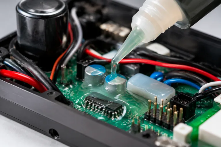Insulation Adhesive 4 Professional close-up product photo of insulation adhesive applied to small electronic components, with a visible protective layer and a clean, precise assembly environment.