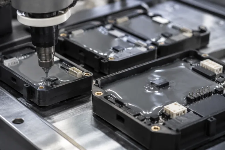 A professional industrial product photography scene showing electronic housings with different internal cavity depths and structures being filled with potting resin, highlighting shallow and deep potting areas in a realistic manufacturing setting.