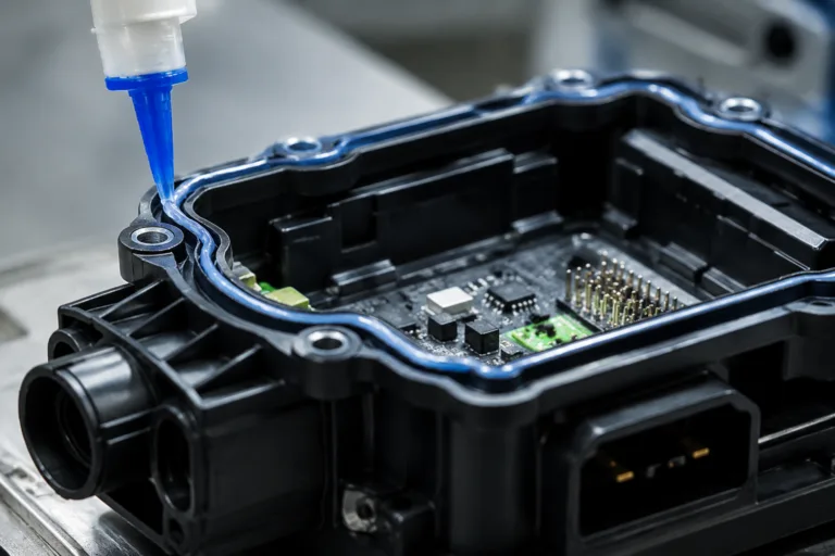 Sealing Adhesive 3 A realistic close-up of sealing adhesive applied around an electronic module or connector housing, highlighting a protective barrier against moisture and dust in a clean industrial setting.