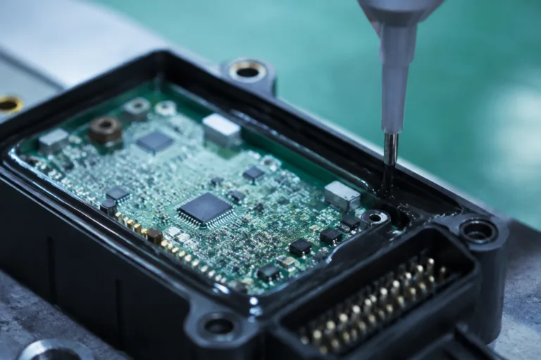 Waterproofing Adhesive 3 A realistic close-up view of waterproof adhesive carefully applied around an electronic module or PCB housing to provide sealing against moisture, condensation, and dust in a professional electronics manufacturing setting.