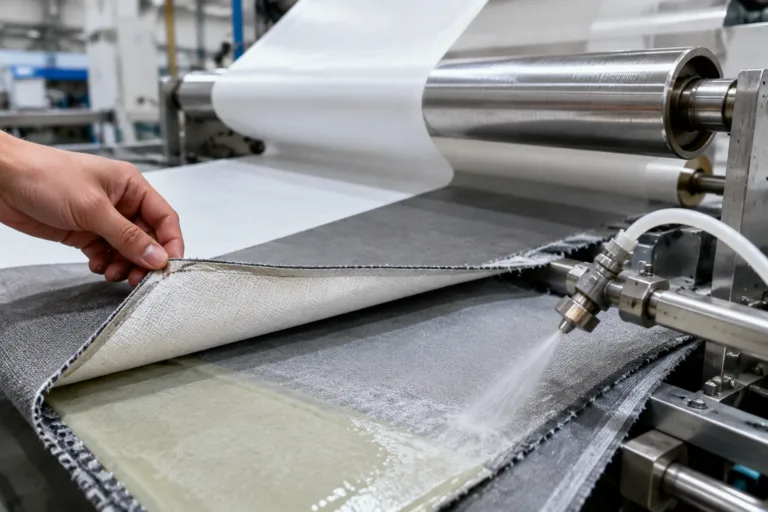 A realistic close-up technical scene of fabric adhesive bonding methods in a modern production environment, showing multiple application techniques on textile layers.