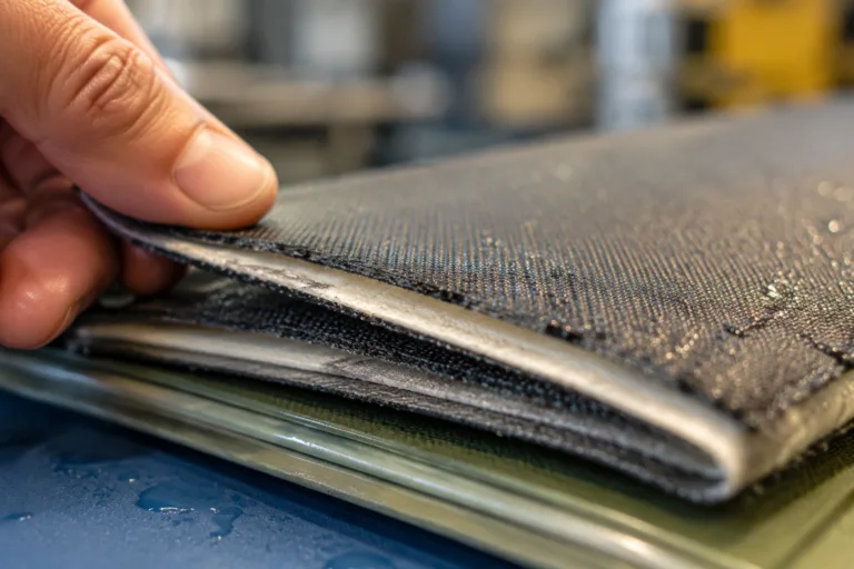 A realistic industrial close-up showing fabric composite layers bonded for durability testing under environmental exposure conditions, with stable adhesion and clean composition.