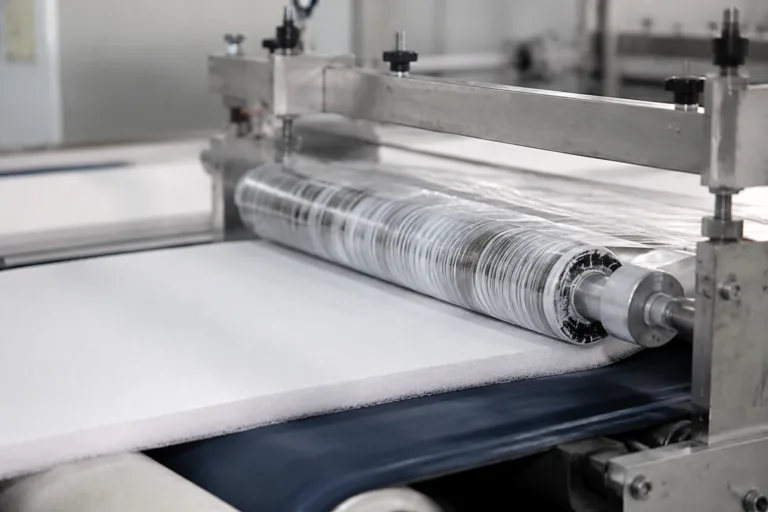 A realistic close-up view of an industrial textile lamination line where adhesive is applied evenly to fabric and foam materials, illustrating production efficiency and controlled soft-material manufacturing.