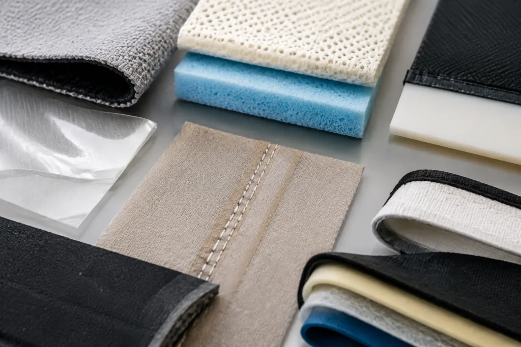 A clean, realistic industrial product photography scene demonstrating fabric adhesive applications including textile-to-textile, textile-to-foam, textile-to-plastic, textile-to-film bonding, seam reinforcement, edge fixation, and layered composite assembly.