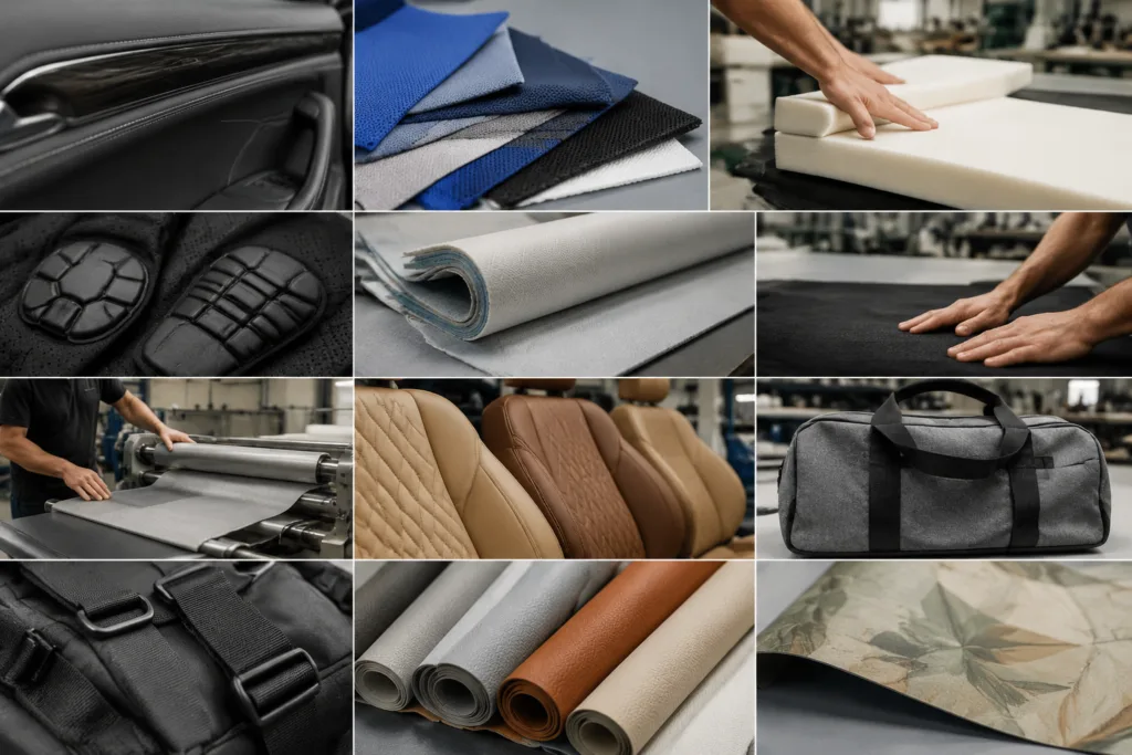 Realistic collage composition illustrating fabric adhesive use across automotive, sportswear, foam, protective, textile, upholstery, and decorative soft goods applications.
