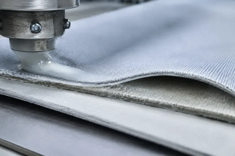 Laminating Adhesive 4 A realistic close-up of textile layers being laminated with adhesive in a professional industrial setting, emphasizing soft material bonding, flexibility, and a smooth finish.