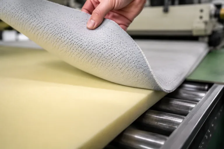 A realistic close-up product photography scene showing fabric being laminated onto foam with adhesive in a padded material manufacturing process.