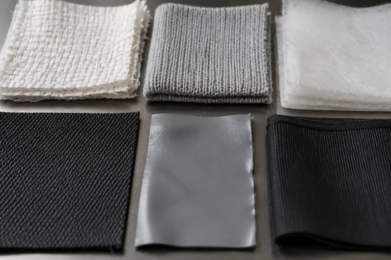 A realistic close-up industrial scene showing multiple fabric samples used for adhesive selection and bonding tests, including woven, knitted, nonwoven, synthetic, coated, and elastic textiles.