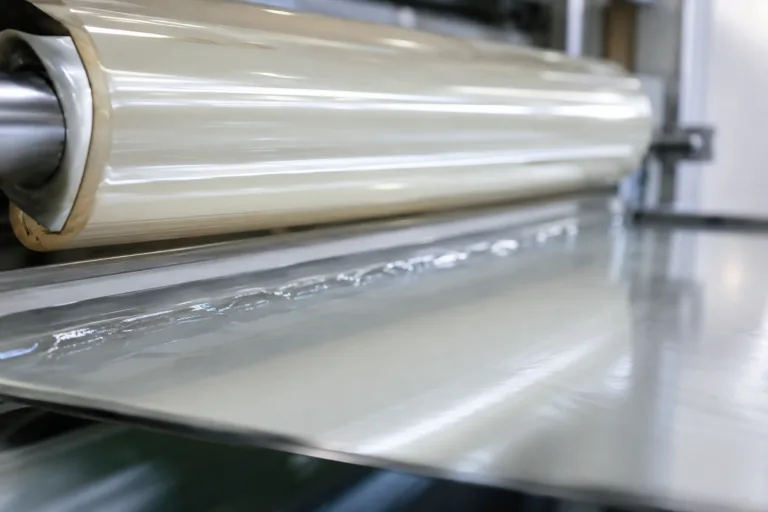 Laminating Adhesive 3 A realistic close-up scene of transparent or plastic film bonding to another material layer with adhesive, showing a smooth lamination process in a professional manufacturing environment.