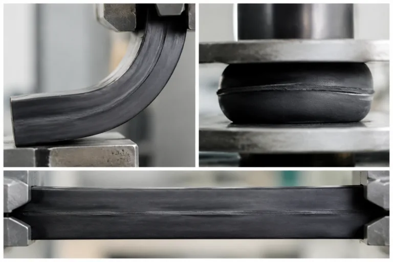 Rubber Adhesive 12 A professional macro-style product photo of rubber components flexing and returning to shape while the adhesive bond remains intact, illustrating flexible adhesive performance.