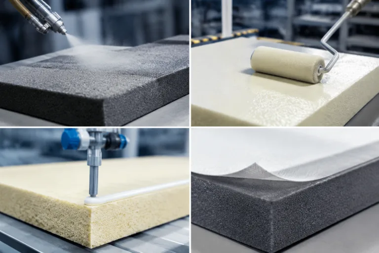 Foam Adhesive 15 A realistic industrial close-up showing multiple foam adhesive application techniques including spraying, roller coating, controlled dispensing, and surface lamination in a modern manufacturing environment.