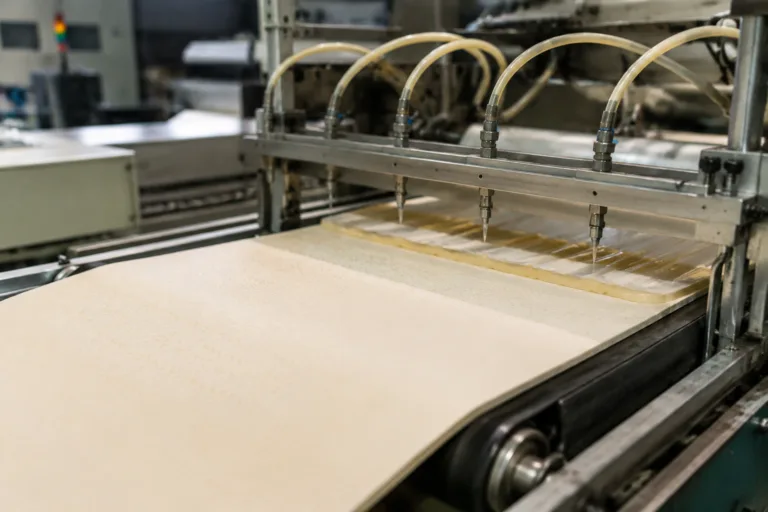 Foam Adhesive 10 A realistic industrial scene showing foam sheets moving through a lamination or adhesive coating line with even application and efficient material flow, emphasizing soft-material manufacturing and production consistency.