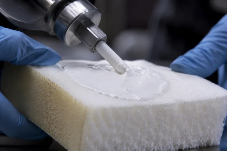 Foam Adhesive 14 A realistic macro product photo showing foam adhesive penetration control, with the adhesive remaining near the surface and preserving foam softness and structure.