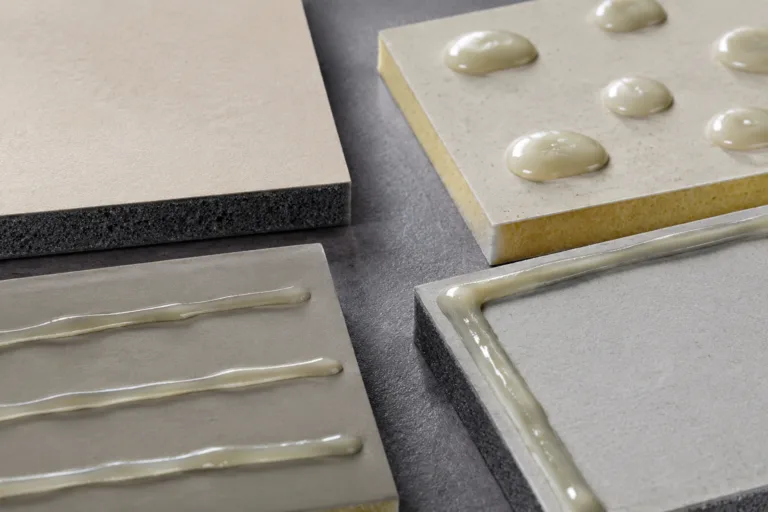 Foam Adhesive 16 A realistic close-up product photography scene illustrating four foam adhesive bonding methods: full-surface lamination, local spot bonding, strip bonding, and edge fixing. Clean industrial background, detailed materials, and professional studio lighting.