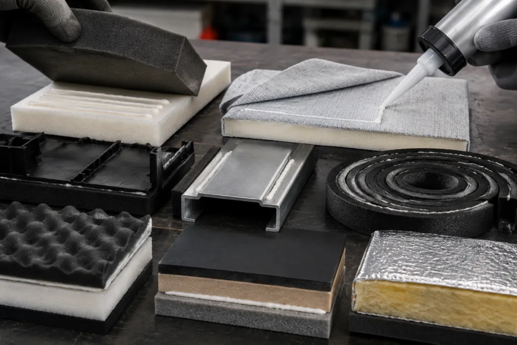 Foam Adhesive 2 A clean industrial product photography scene illustrating multiple foam adhesive bonding use cases, including foam-to-foam, foam-to-fabric, foam-to-plastic, foam-to-metal, sealing foam strip fixing, cushioning pad assembly, acoustic panel bonding, and insulation layer assembly.
