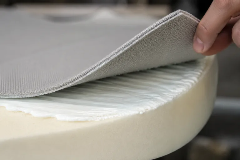 Foam Adhesive 4 A realistic close-up of foam-to-fabric bonding in a professional manufacturing environment, emphasizing the laminated fabric layer, soft foam texture, and seamless adhesive bond.