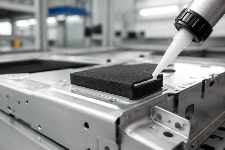 Foam Adhesive 6 A realistic close-up showing foam-to-metal bonding adhesive application on a metal enclosure or machinery panel in a clean industrial setting, highlighting cushioning and vibration damping use.