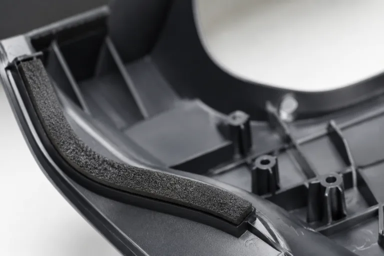 Foam Adhesive 5 A realistic close-up product photography scene showing foam securely bonded to a molded plastic part with a neat adhesive line, suitable for appliance or consumer product assembly visuals.