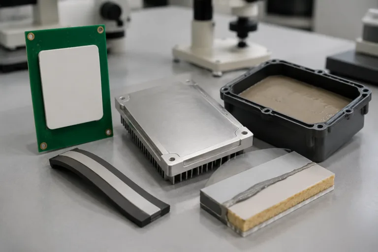 Adhesive Sample & Testing Support 7 A clean industrial laboratory composition featuring organized technical samples used to review functional adhesive performance, including an insulation test board, thermal transfer plate, waterproof sealed housing, flexible bonded strip, and gap-filled specimen.