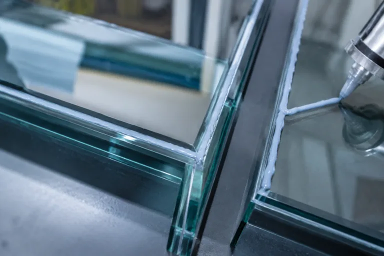 Glass Adhesive 13 A professional close-up product photography scene showing glass adhesive selection concepts with thin visible bond lines, precise edge joints, narrow gaps, and larger bonding areas in a clean manufacturing environment.