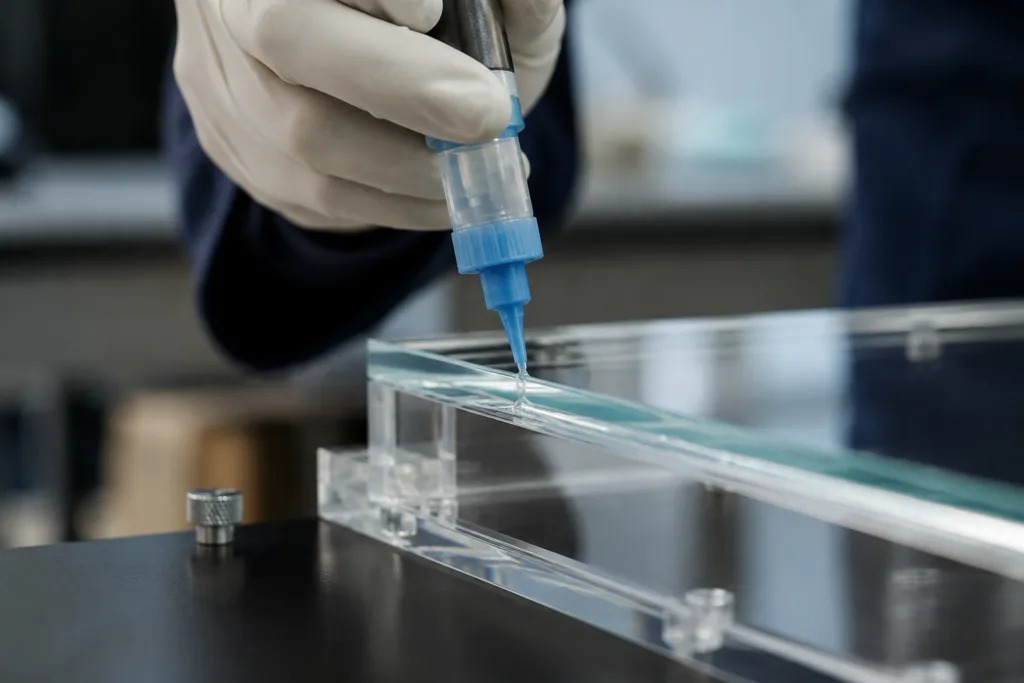 Glass and Acrylic Bonding Adhesive Guide: How to Choose the Right Adhesive for Clear, Durable Bonds 33 A realistic industrial scene showing careful adhesive application for a transparent glass-to-acrylic assembly.