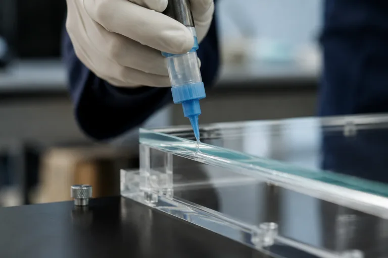 A realistic industrial scene showing careful adhesive application for a transparent glass-to-acrylic assembly.