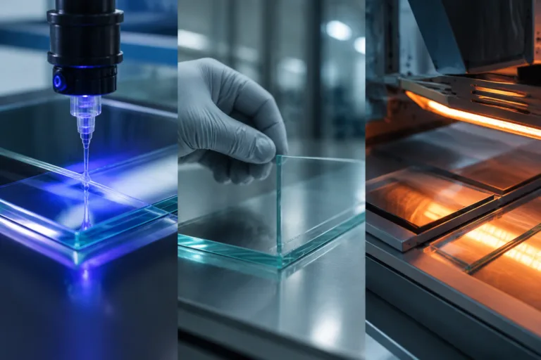 Glass Adhesive 14 Realistic manufacturing scene showing transparent glass adhesive curing methods in a controlled assembly environment with clean industrial details.