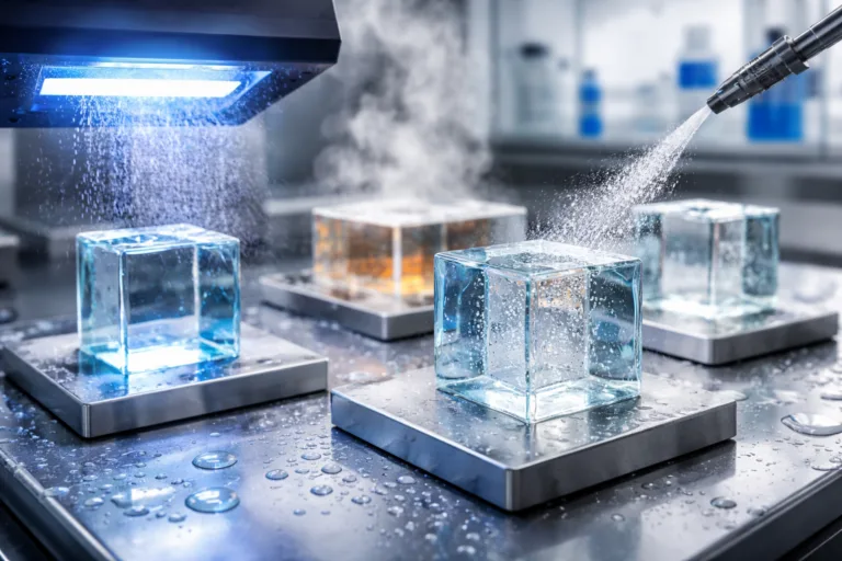 Glass Adhesive 16 A realistic close-up industrial testing scene showing bonded glass products exposed to UV light, moisture, heat, cleaning chemicals, and outdoor conditions, illustrating adhesive durability and long-term clarity.