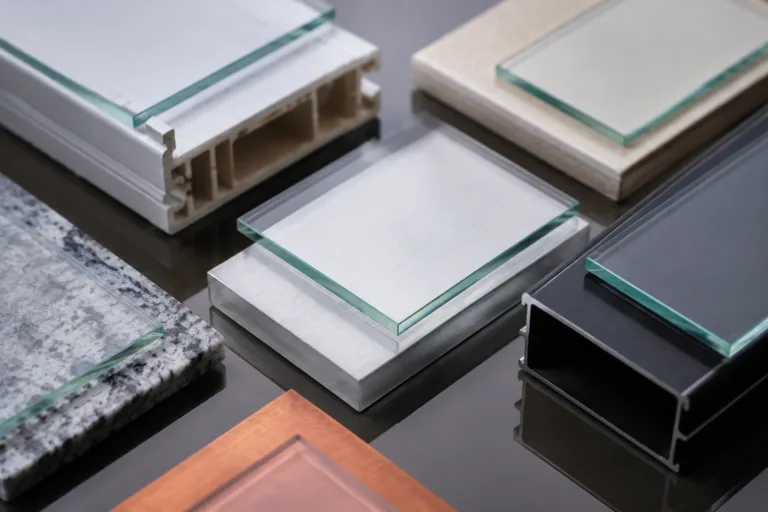 Glass Adhesive 11 A clean technical product-style image showing glass combined with metal, plastic, ceramic, and other industrial materials to compare adhesive bonding performance.