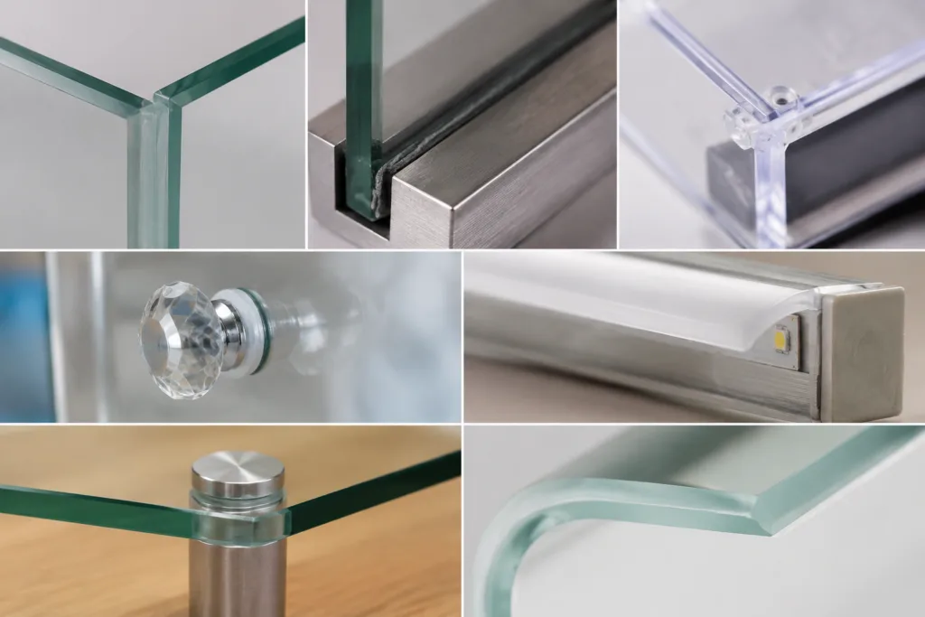 Glass Adhesive 2 A realistic close-up product photography composition presenting multiple glass adhesive use cases in a single refined industrial scene, including bonding, fixing, assembly, and sealing applications.