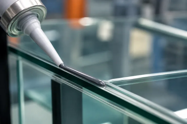 Glass Adhesive 8 A realistic close-up product photo showing a protective adhesive bead applied to the edge of a glass panel or housing in a professional industrial setting.