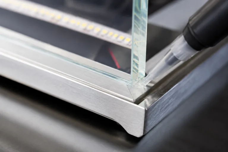 Glass Adhesive 4 Professional industrial close-up of transparent adhesive joining glass to aluminum or stainless steel in a clean assembly setting.