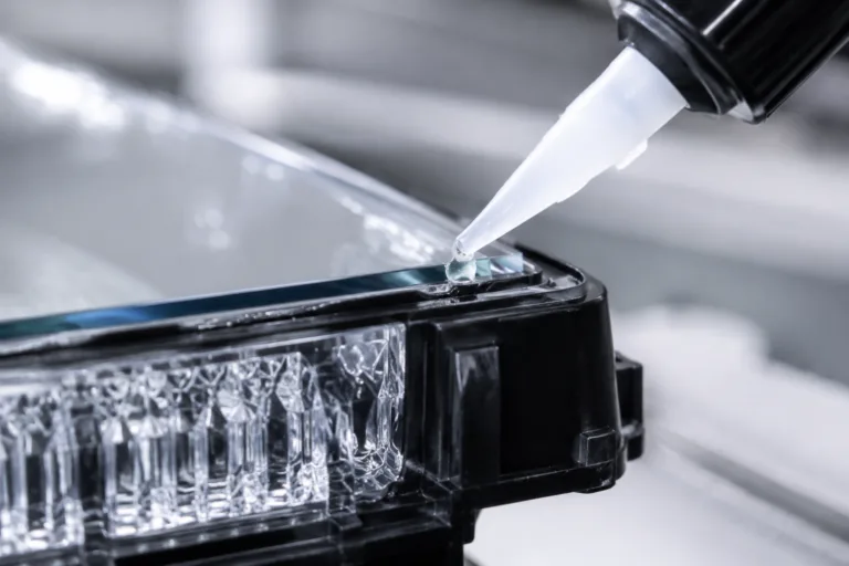 Glass Adhesive 5 A realistic close-up product photo showing adhesive application joining glass to plastic in a consumer electronics or lighting assembly context, with a clean transparent bond line and professional studio presentation.