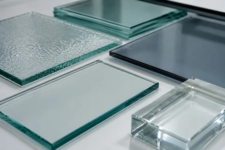 Glass Adhesive 10 A realistic industrial product photo showing multiple glass types prepared for adhesive selection and bonding tests in a clean technical setting.