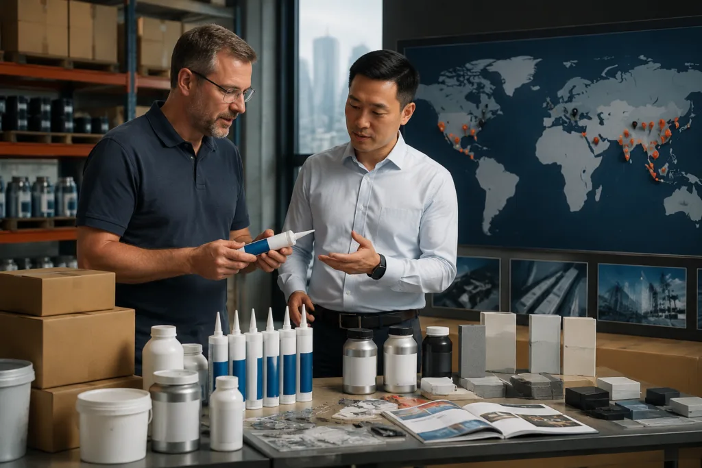 Become a ZDS Adhesive Distributor 1 A realistic premium industrial photography scene showing a manufacturer and distributor partnership for industrial adhesives, featuring product samples, cartons, catalogs, and a clean regional market concept without readable text.
