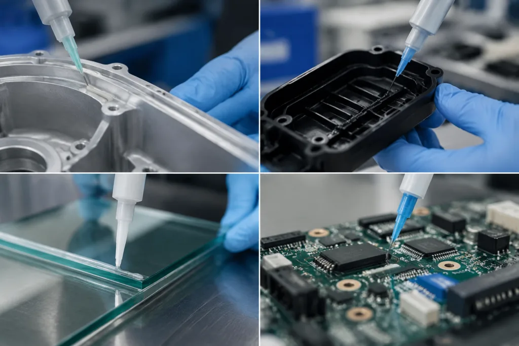 Bonding Adhesive 2 Professional industrial product photography of adhesive use in a clean assembly environment, illustrating bonding between metal, plastic, glass, and electronic parts with realistic details and a neat composition.