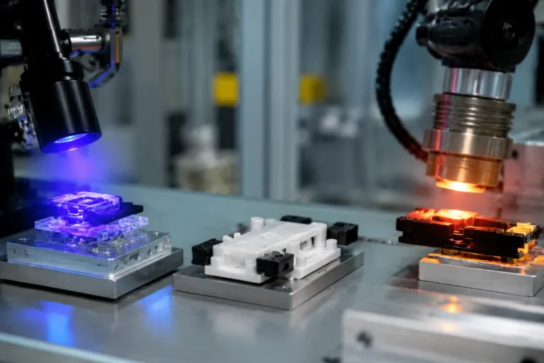 Bonding Adhesive 13 A realistic manufacturing scene showing three adhesive curing approaches: UV light, room temperature setup, and heat-assisted curing.