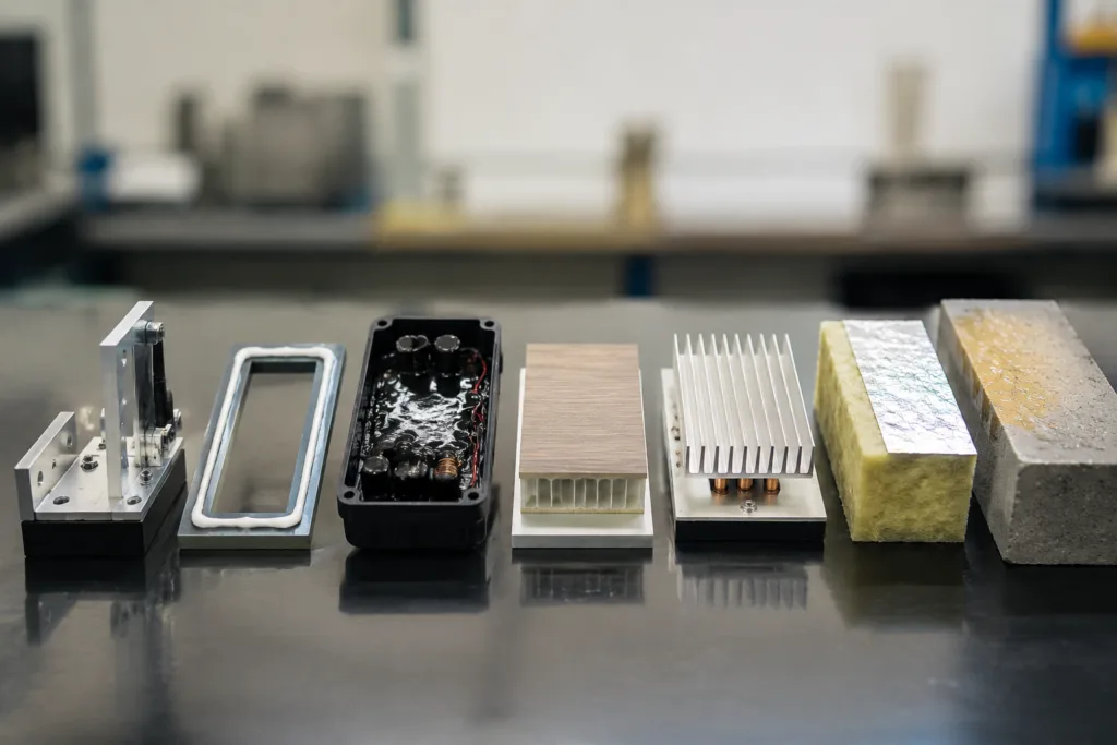Adhesive Selection & Technical Support 10 A professional industrial photography scene showing a clean workbench arranged with multiple realistic adhesive application examples for bonding, sealing, potting, laminating, thermal conductivity, insulation, and waterproofing, presented as a clear concept layout.