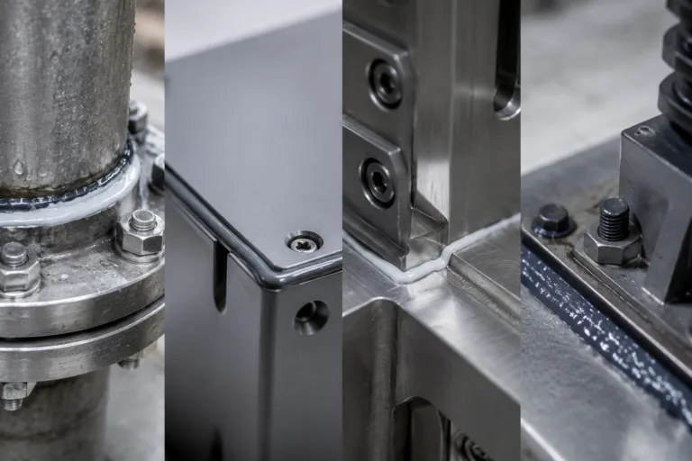 Sealing Adhesive 10 A realistic technical product photo showing different adhesive sealing purposes in an industrial assembly, including waterproofing, dustproofing, gap closing, and protective sealing.
