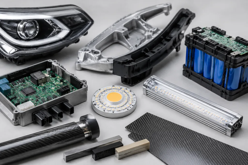 Bonding Adhesive 16 A clean, realistic product photography composition presenting adhesive bonding use cases across multiple industries, including electronics, automotive components, LED modules, battery assemblies, and composite products.